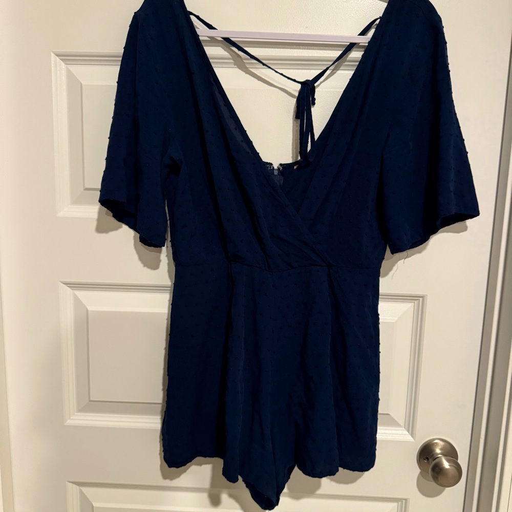 Navy Blue Romper with Flowy Sleeves and Tie on Neck
